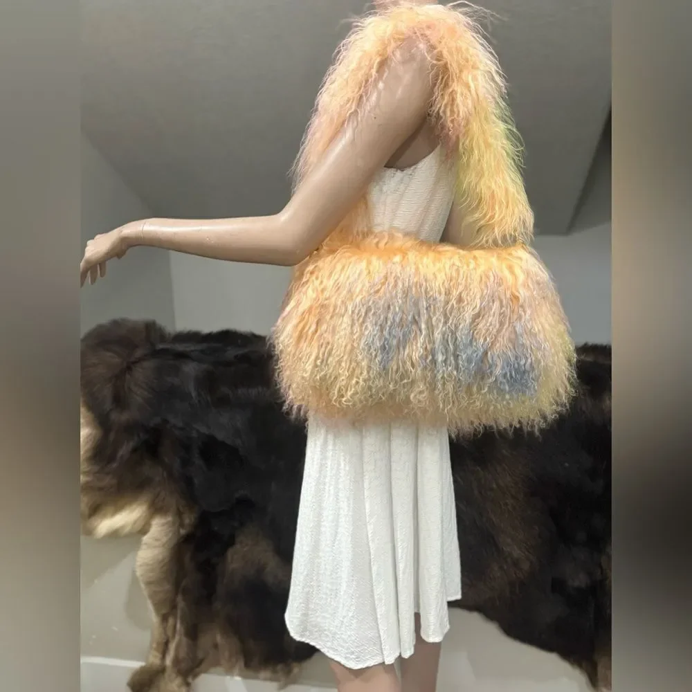 Colorful Real Mongolian Lamb Fur Handmade Boho Style, Fold Over Flap Handbag